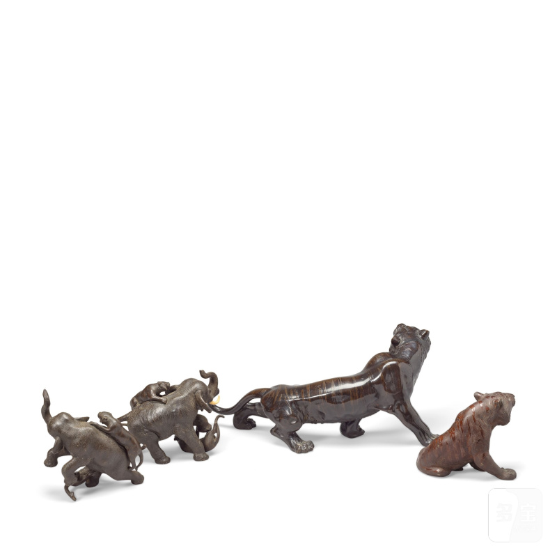 明治時代 銅象虎組兩件及銅虎兩件 | TWO BRONZE 'ELEPHANT AND TIGER' GROUPS AND TWO BRONZE TIGERS - 图14